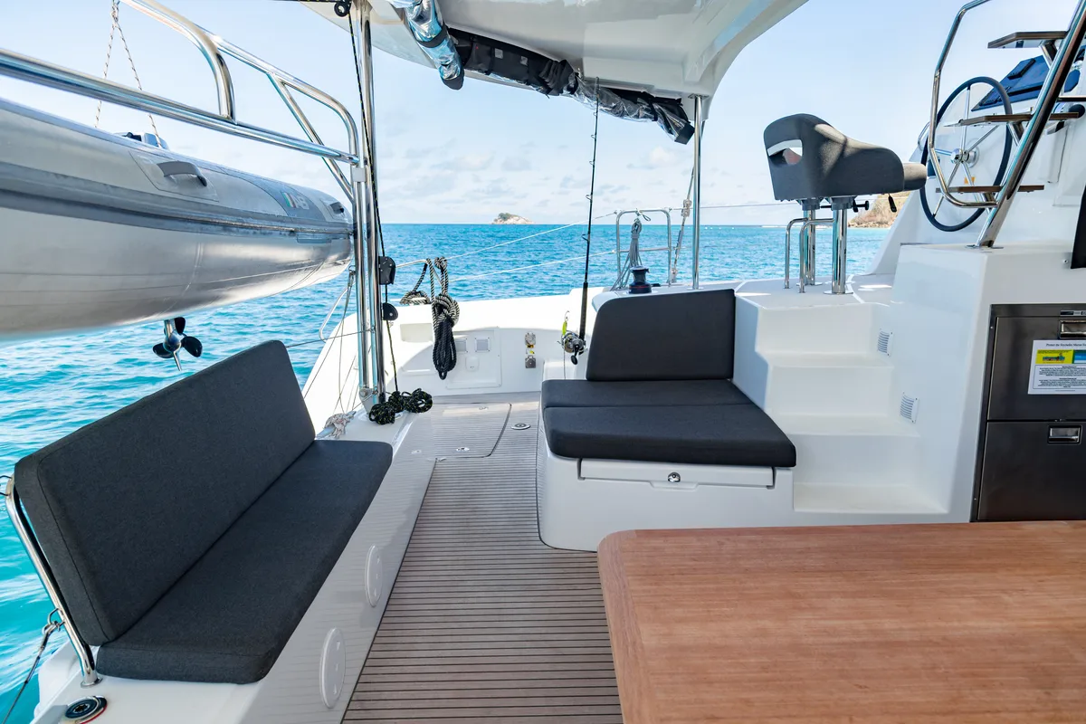 Deck of Athena Pearl, a Lagoon 42 catamaran at Roche Caiman, Seychelles