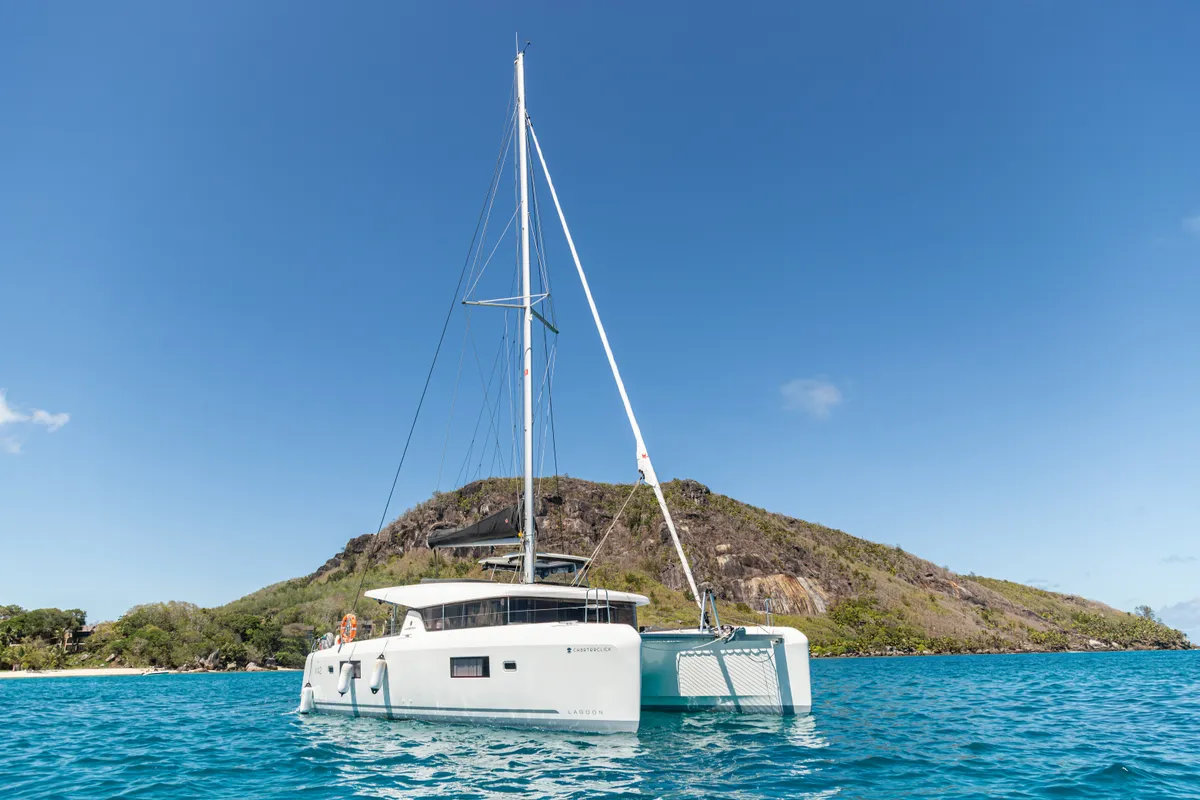 Exterior view of Athena Pearl, a Lagoon 42 catamaran at Roche Caiman, Seychelles