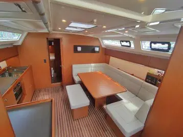 Salon of Metis, a Bavaria Cruiser 46 sailboat at Bodrum, Turkey