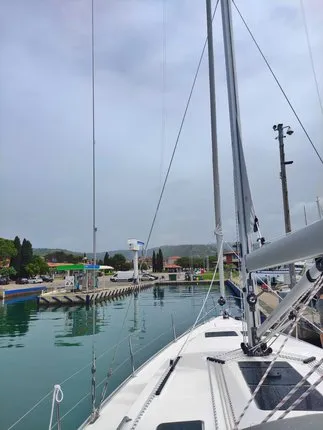 Exterior view of Metis, a Bavaria Cruiser 46 sailboat at Bodrum, Turkey