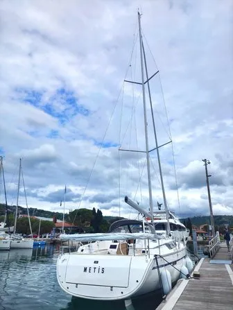 Exterior view of Metis, a Bavaria Cruiser 46 sailboat at Bodrum, Turkey
