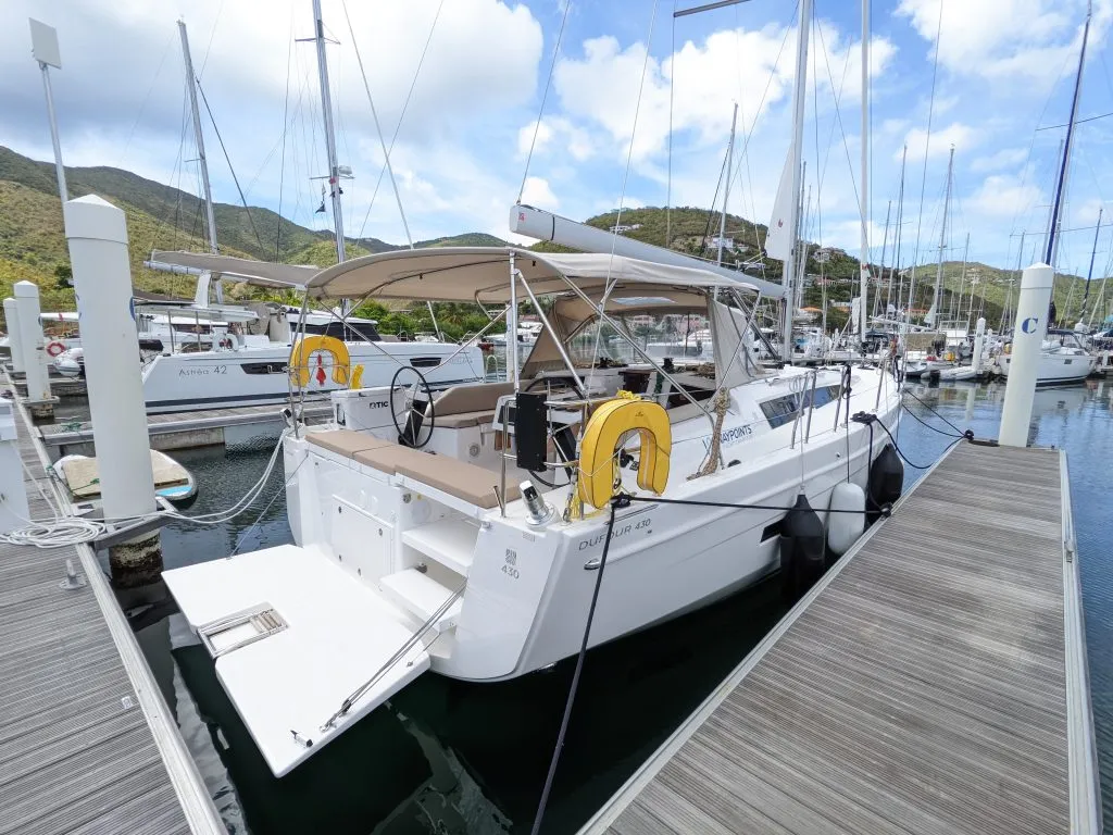 Exterior view of Hoosier Lady, a Dufour 430 sailboat at Road Town, British Virgin Islands
