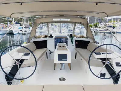 Cockpit of Hoosier Lady, a Dufour 430 sailboat at Road Town, British Virgin Islands