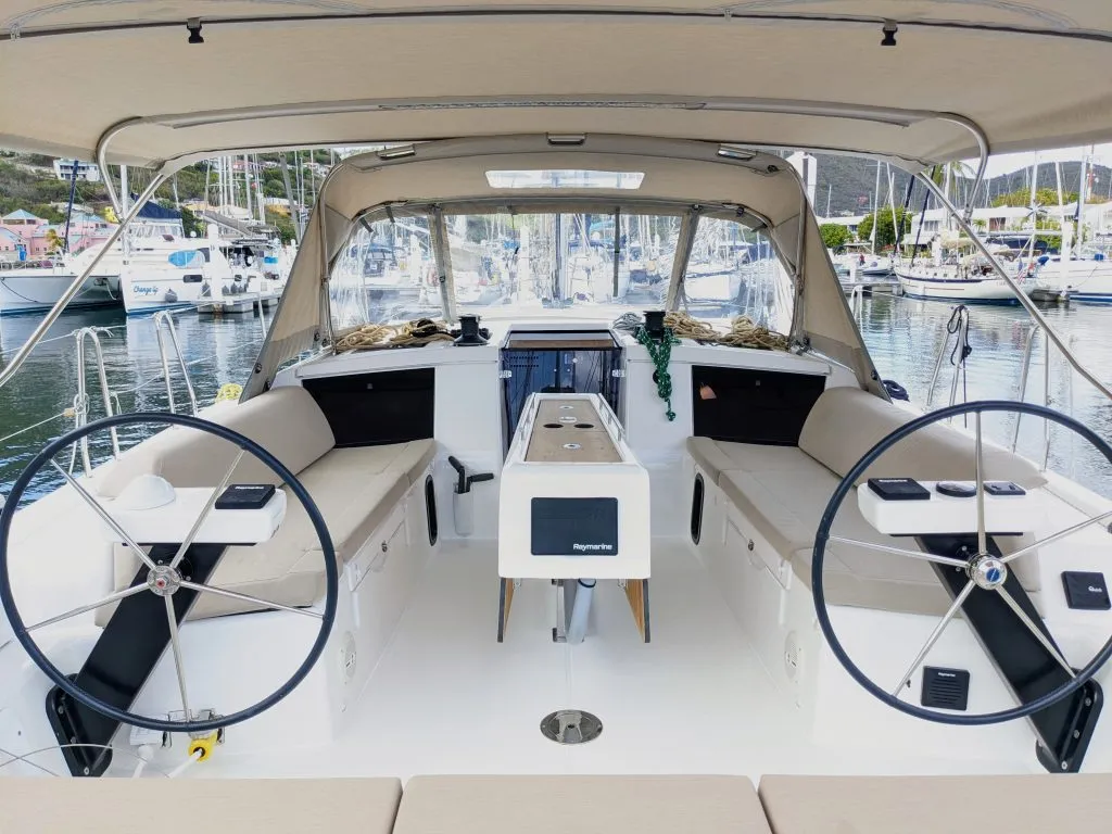 Cockpit of Hoosier Lady, a Dufour 430 sailboat at Road Town, British Virgin Islands