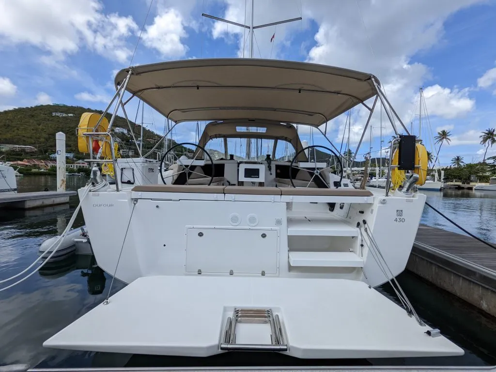 Exterior view of Hoosier Lady, a Dufour 430 sailboat at Road Town, British Virgin Islands