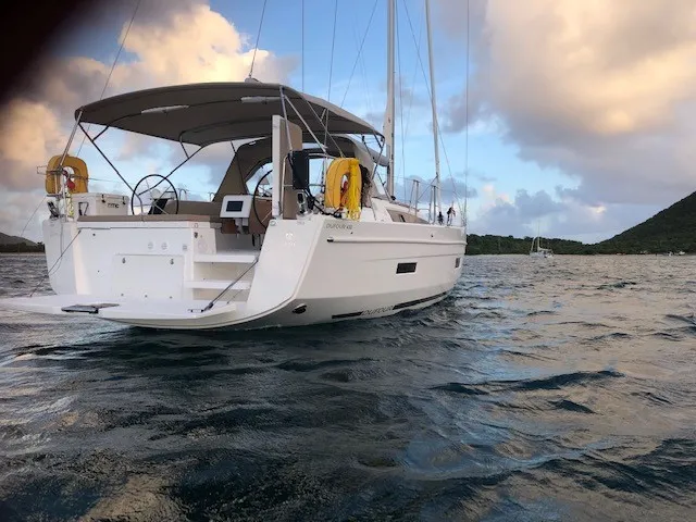 Exterior view of Hoosier Lady, a Dufour 430 sailboat at Road Town, British Virgin Islands
