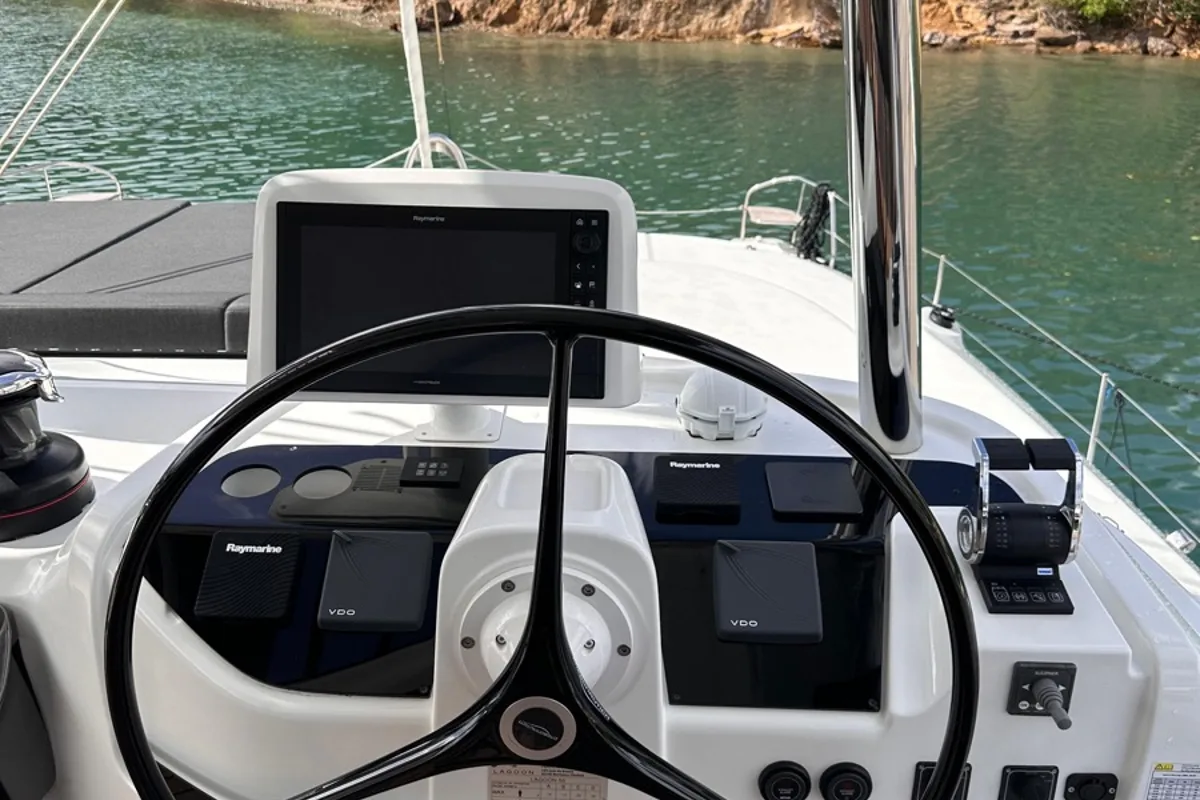 Cockpit of Maui, a Lagoon 55 catamaran at Marigot, France