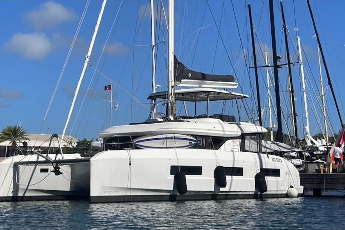Exterior view of Maui, a Lagoon 55 catamaran at Marigot, France