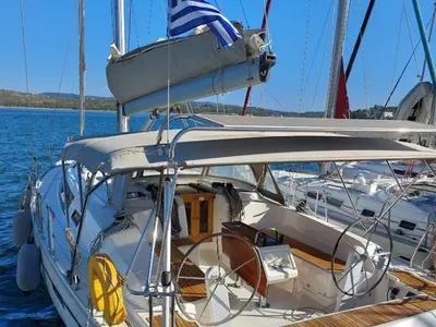 Cockpit of Aelia, a Bavaria Cruiser 46 sailboat at Municipal Unit of Nea Peramos, Greece