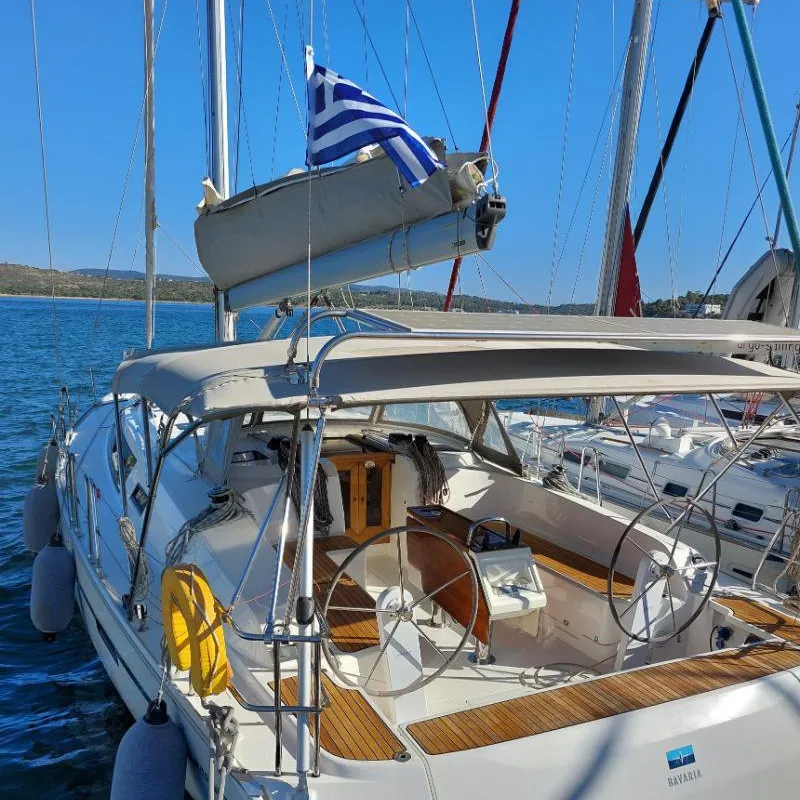 Cockpit of Aelia, a Bavaria Cruiser 46 sailboat at Municipal Unit of Nea Peramos, Greece