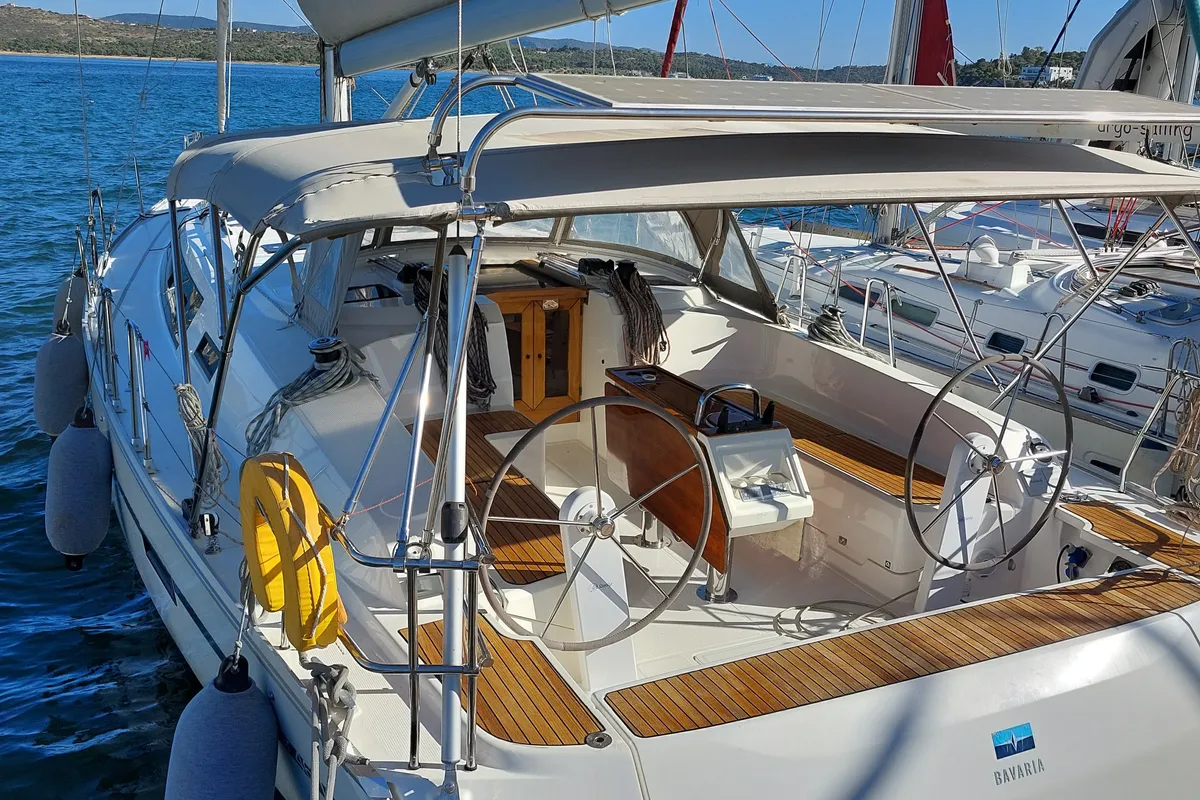 Exterior view of Aelia, a Bavaria Cruiser 46 sailboat at Municipal Unit of Nea Peramos, Greece