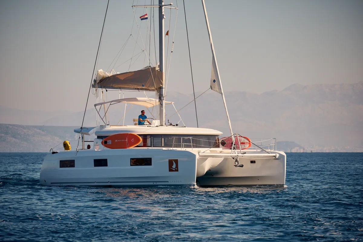 Exterior view of CONSTELLATION, a Lagoon 46 catamaran at Trogir, Croatia