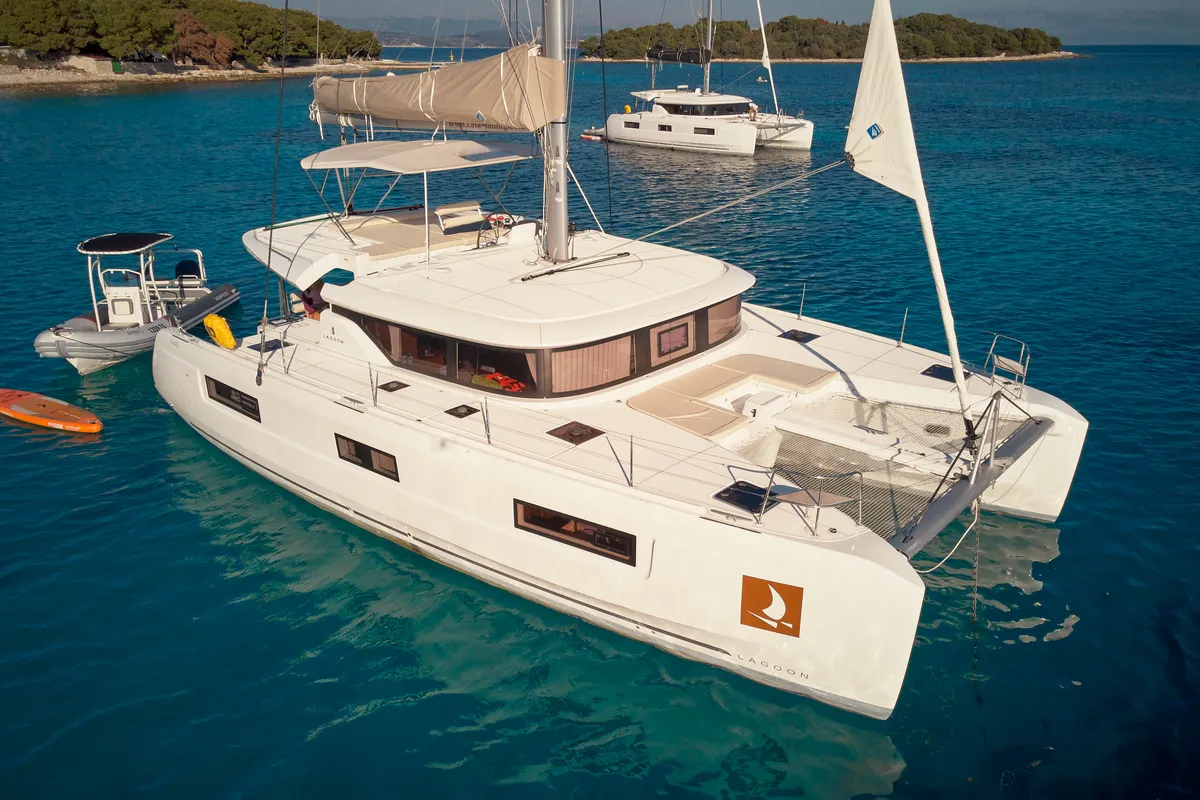 Exterior view of CONSTELLATION, a Lagoon 46 catamaran at Trogir, Croatia