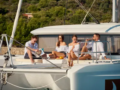 Deck of CONSTELLATION, a Lagoon 46 catamaran at Trogir, Croatia