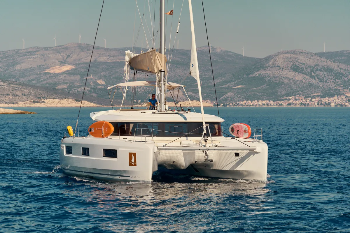 Exterior view of CONSTELLATION, a Lagoon 46 catamaran at Trogir, Croatia