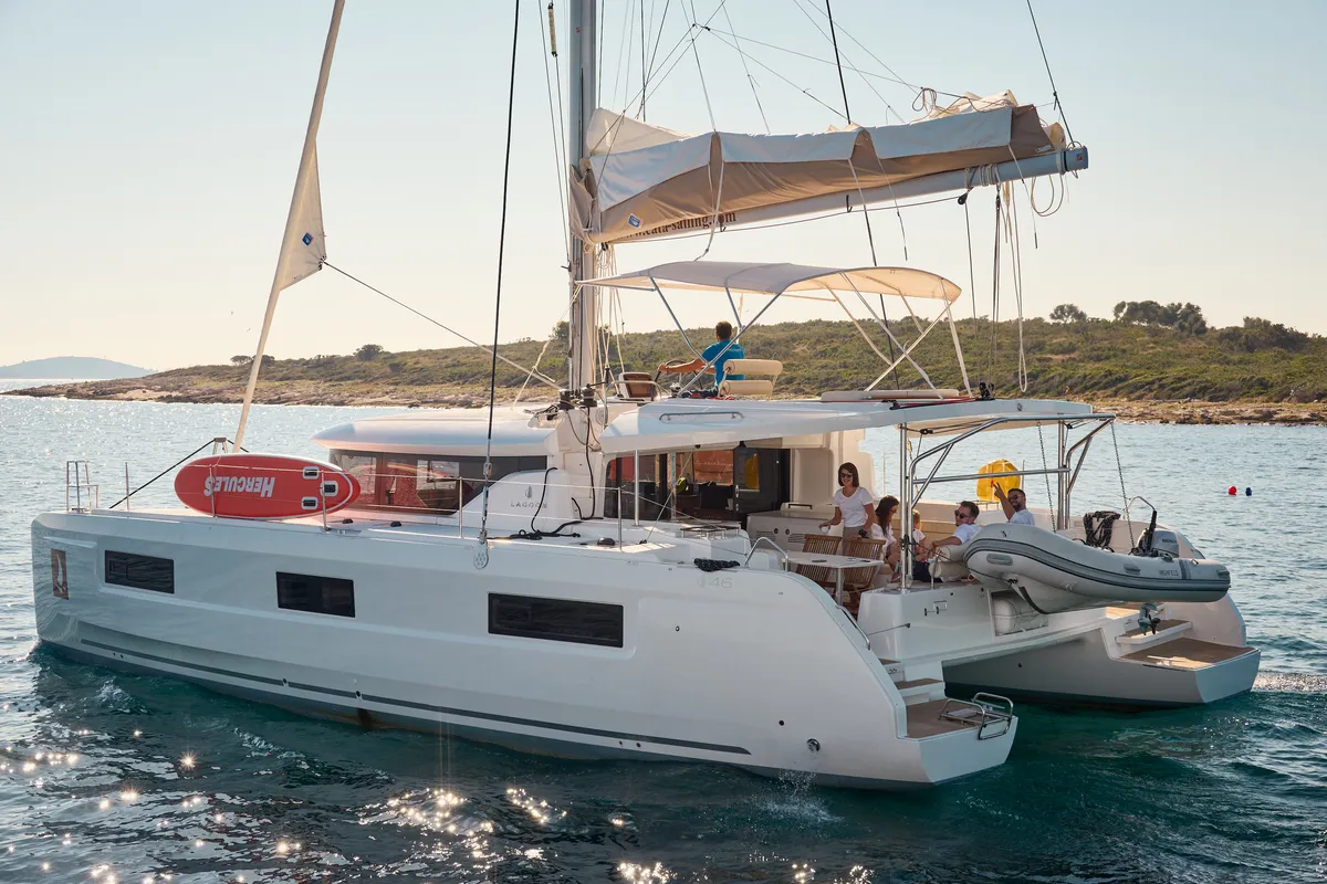 Exterior view of CONSTELLATION, a Lagoon 46 catamaran at Trogir, Croatia