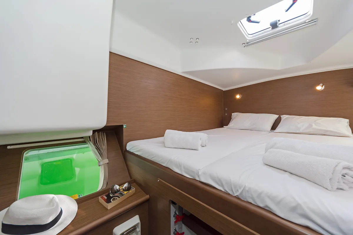 Cabin on Eleven, a Lagoon 380 catamaran at Kontokali, Greece