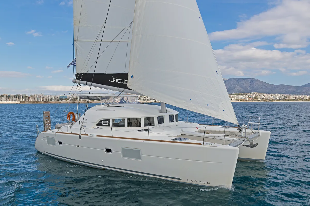 Exterior view of Eleven, a Lagoon 380 catamaran at Kontokali, Greece