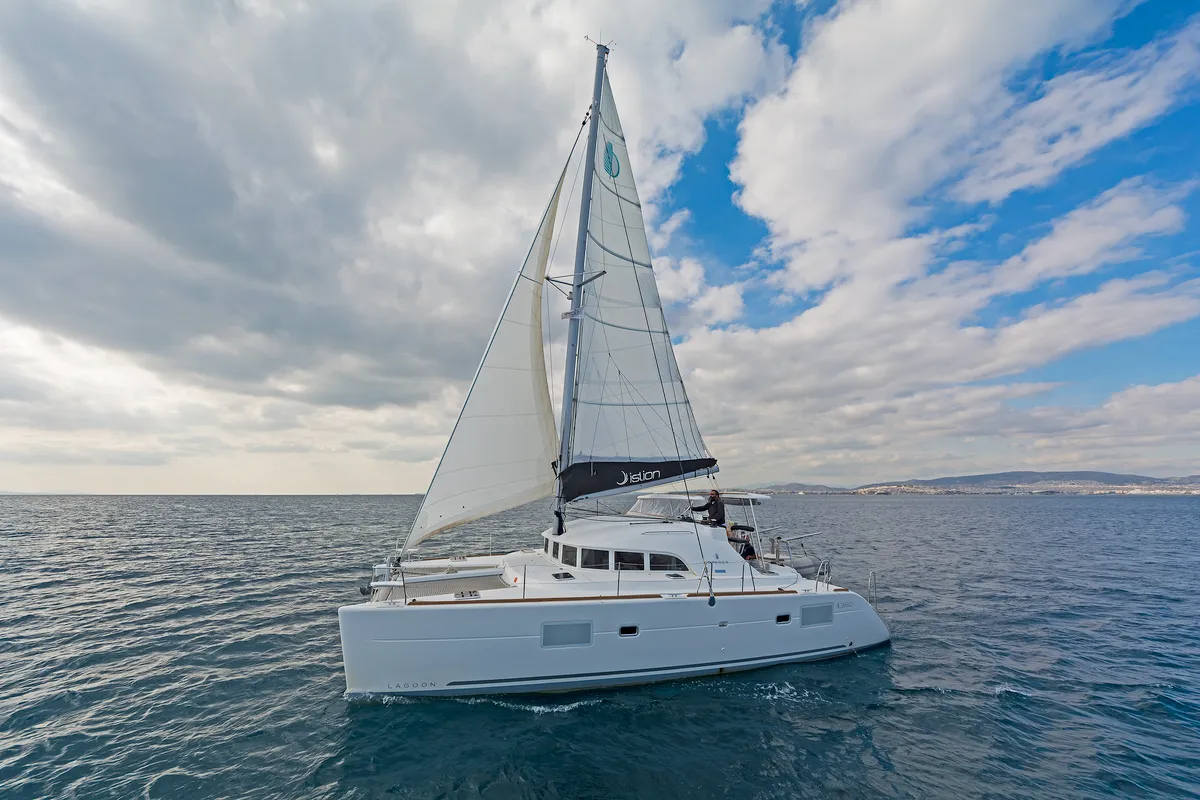 Exterior view of Eleven, a Lagoon 380 catamaran at Kontokali, Greece