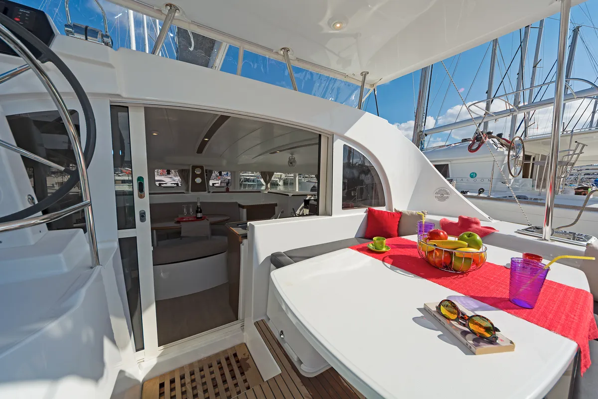 Deck of Eleven, a Lagoon 380 catamaran at Kontokali, Greece