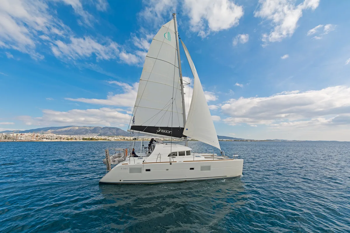 Exterior view of Eleven, a Lagoon 380 catamaran at Kontokali, Greece
