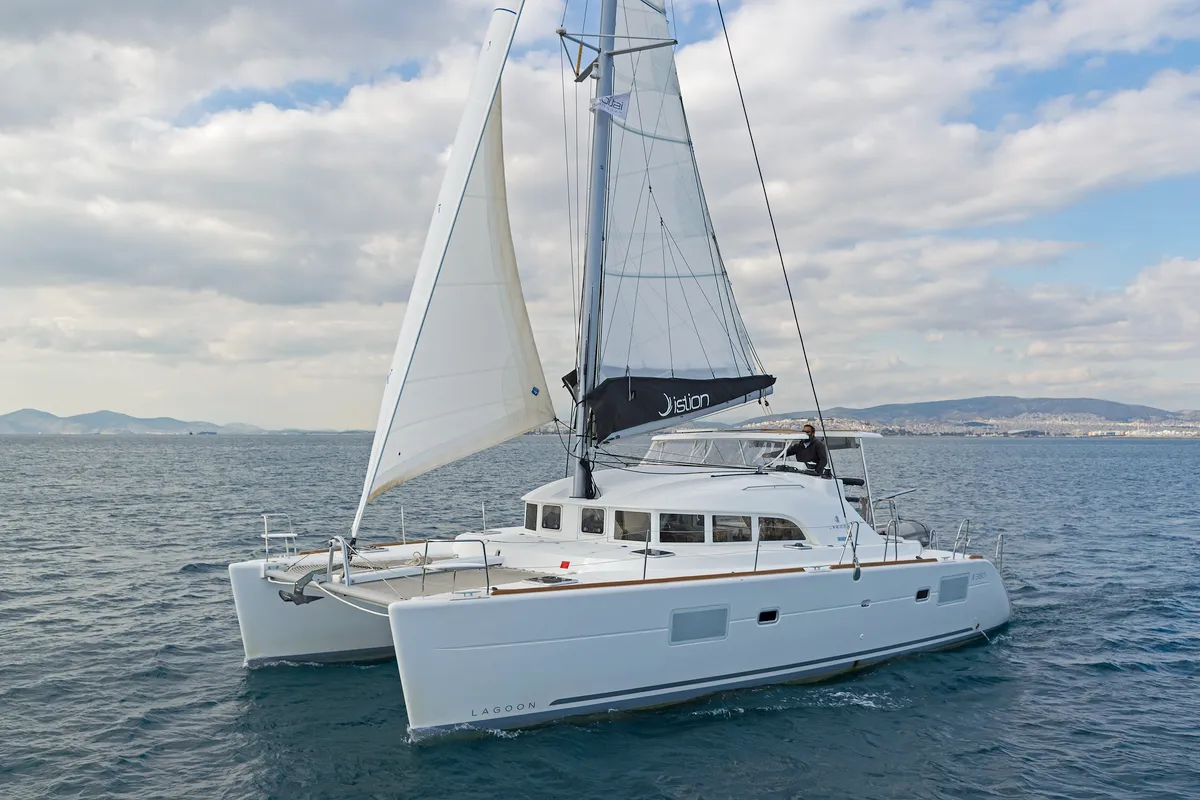 Exterior view of Eleven, a Lagoon 380 catamaran at Kontokali, Greece