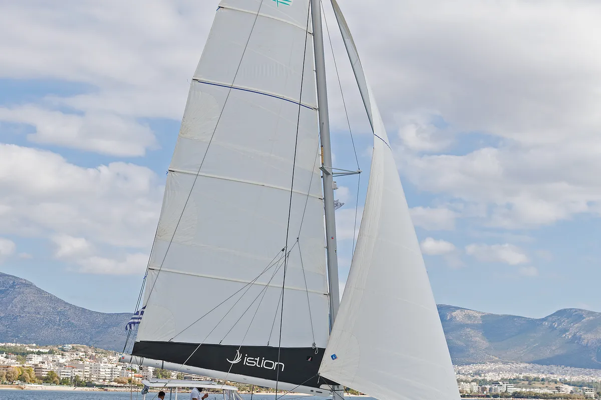 Exterior view of Eleven, a Lagoon 380 catamaran at Kontokali, Greece