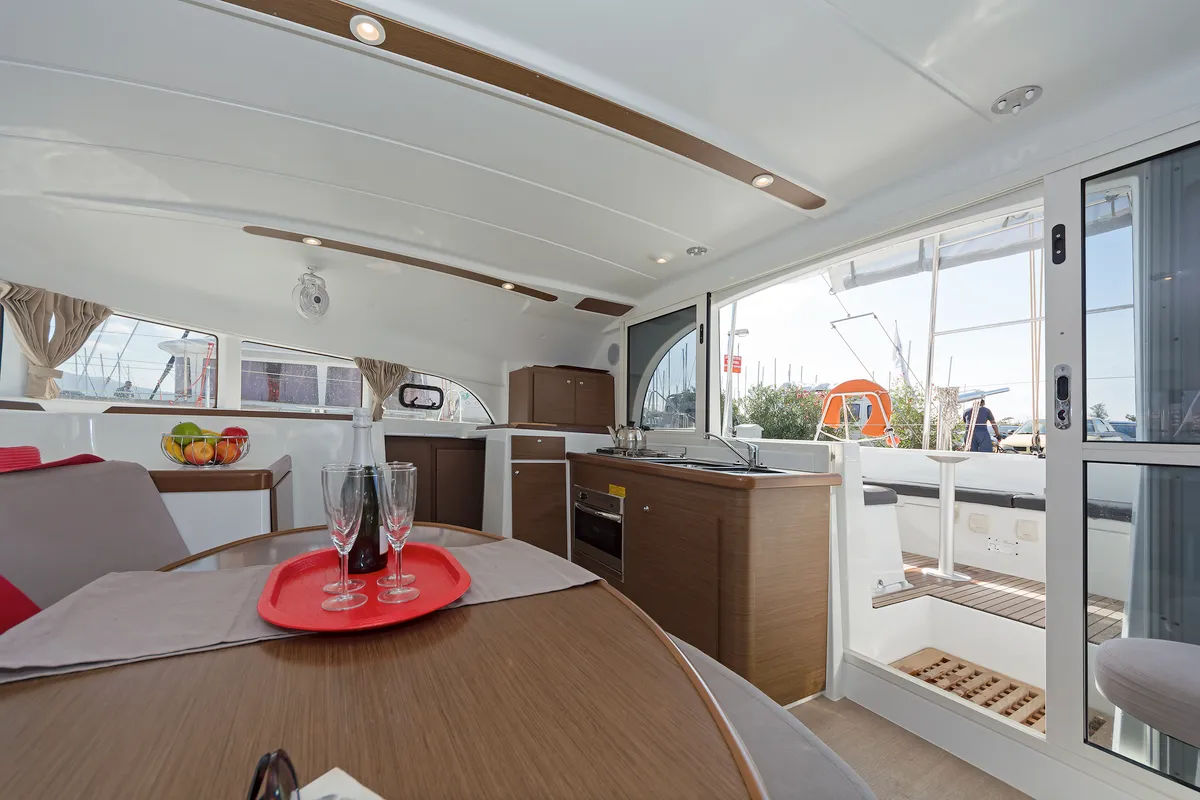 Galley of Eleven, a Lagoon 380 catamaran at Kontokali, Greece