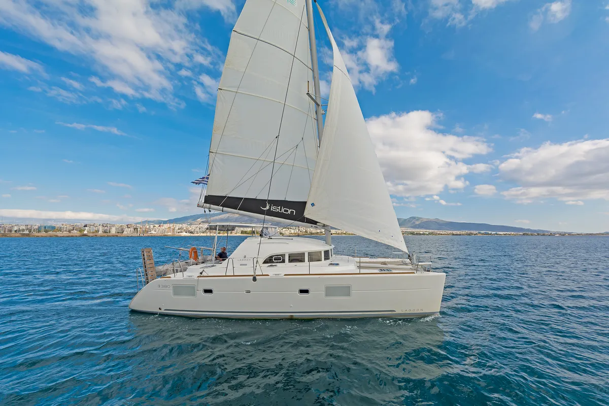 Exterior view of Eleven, a Lagoon 380 catamaran at Kontokali, Greece
