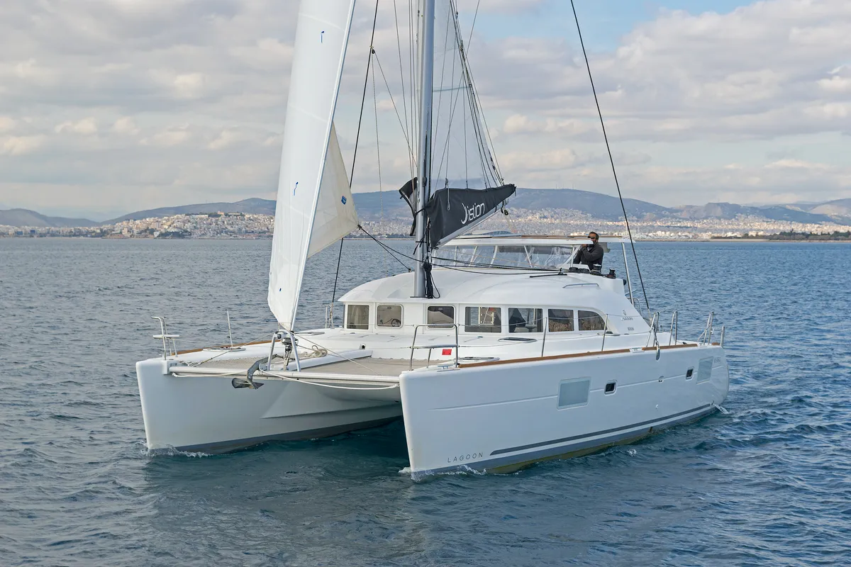 Exterior view of Eleven, a Lagoon 380 catamaran at Kontokali, Greece