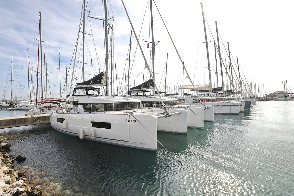 Exterior view of Blue Angel, a Lagoon 40 catamaran at Sukošan, Croatia