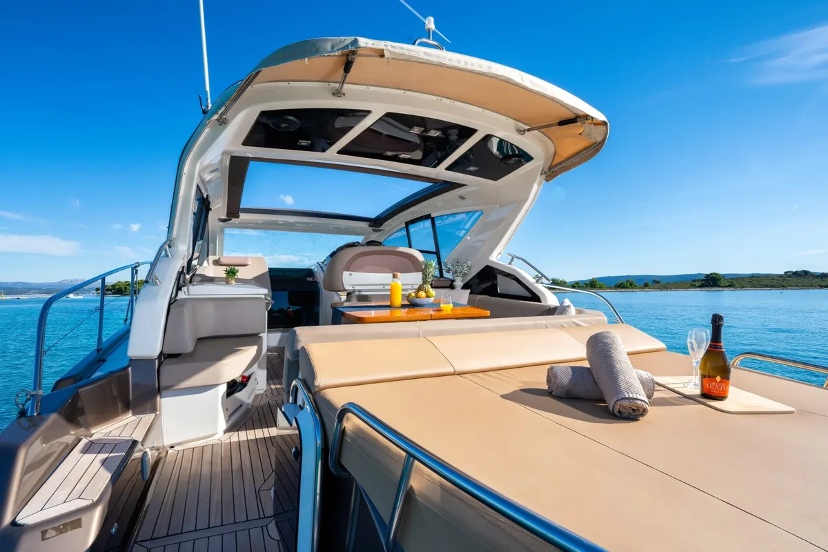 Deck of Brown Sugar, a Cranchi M44 HT motor yacht at Split, Croatia