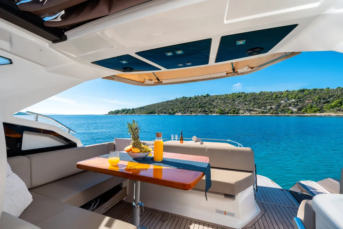 Deck of Brown Sugar, a Cranchi M44 HT motor yacht at Split, Croatia
