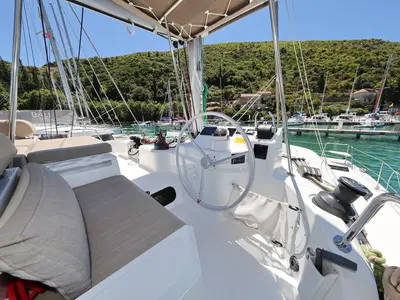 Cockpit of Jenny, a Bali Catspace catamaran at Dubrovnik, Croatia