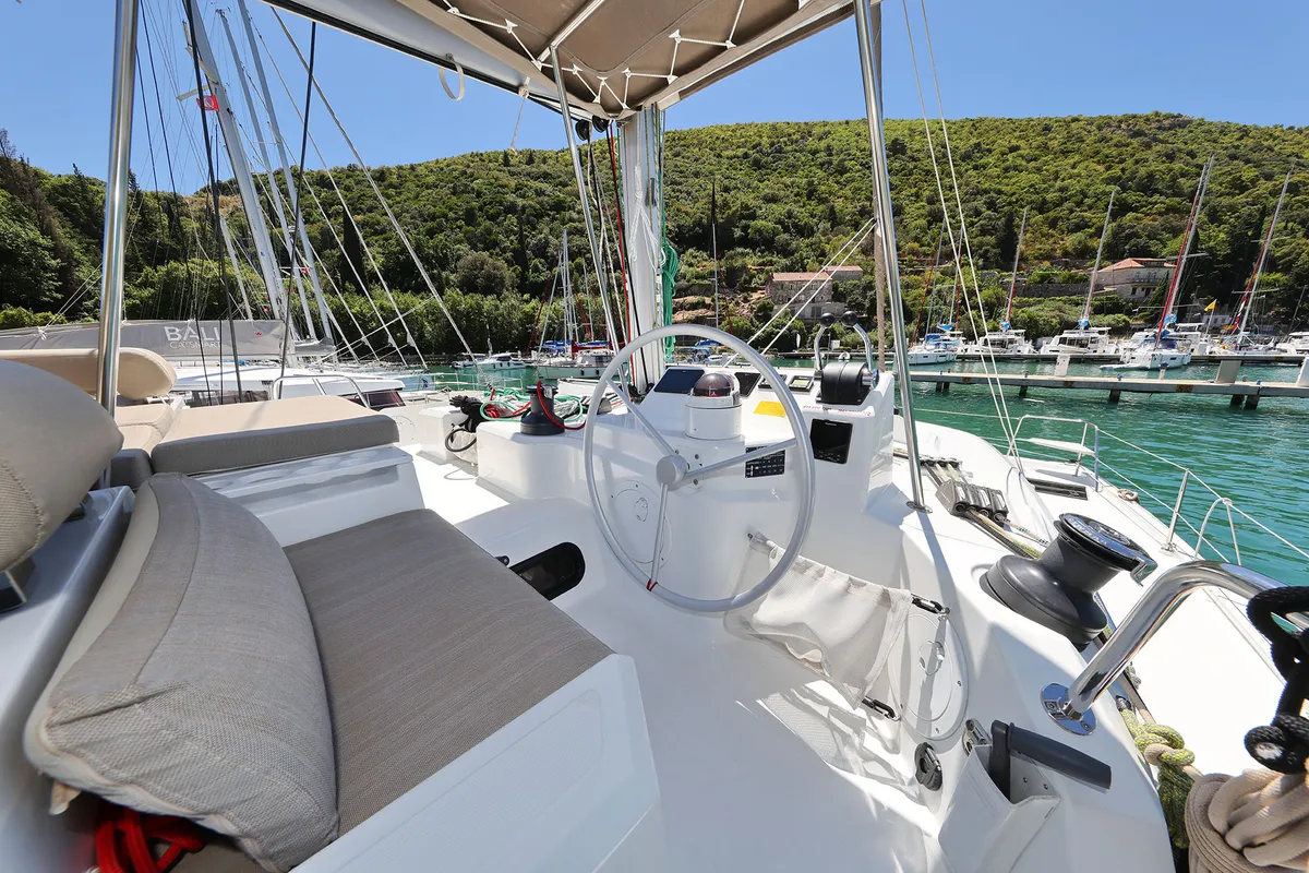 Cockpit of Jenny, a Bali Catspace catamaran at Dubrovnik, Croatia