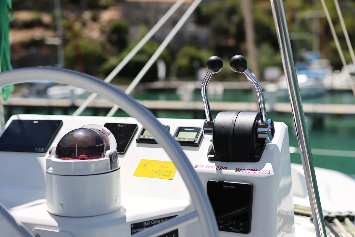 Cockpit of Jenny, a Bali Catspace catamaran at Dubrovnik, Croatia