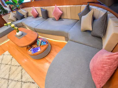 Salon of Bunk bed cabin lower deck 1, a Gulet Luxury Motor Yacht motorboat at Sharm El Sheikh, Egypt