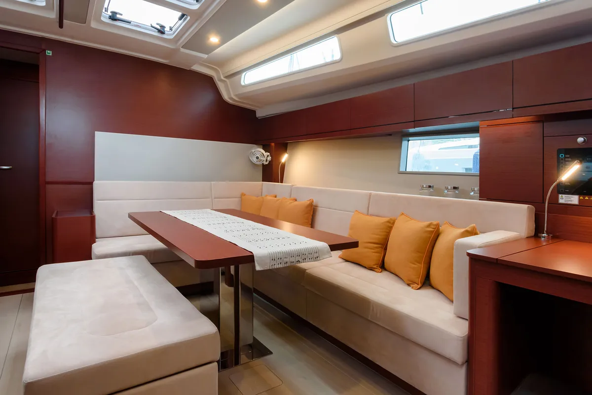 Salon of Atena, a Hanse 508 sailboat at Cannigione, Italy