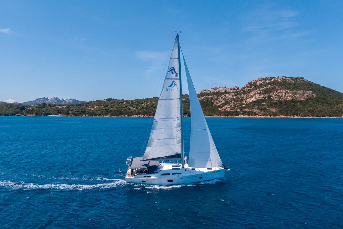 Exterior view of Atena, a Hanse 508 sailboat at Cannigione, Italy