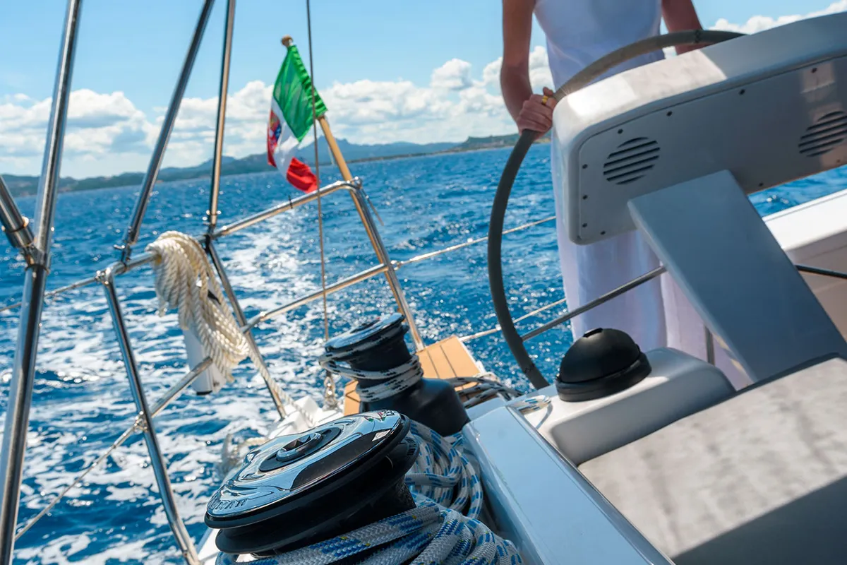 Cockpit of Atena, a Hanse 508 sailboat at Cannigione, Italy