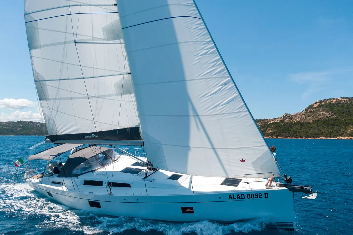 Exterior view of Atena, a Hanse 508 sailboat at Cannigione, Italy