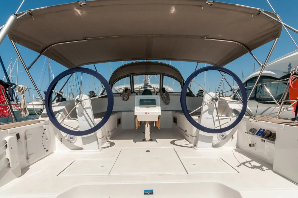 Cockpit of Ioli, a Bavaria Cruiser 46 sailboat at Athens, Greece