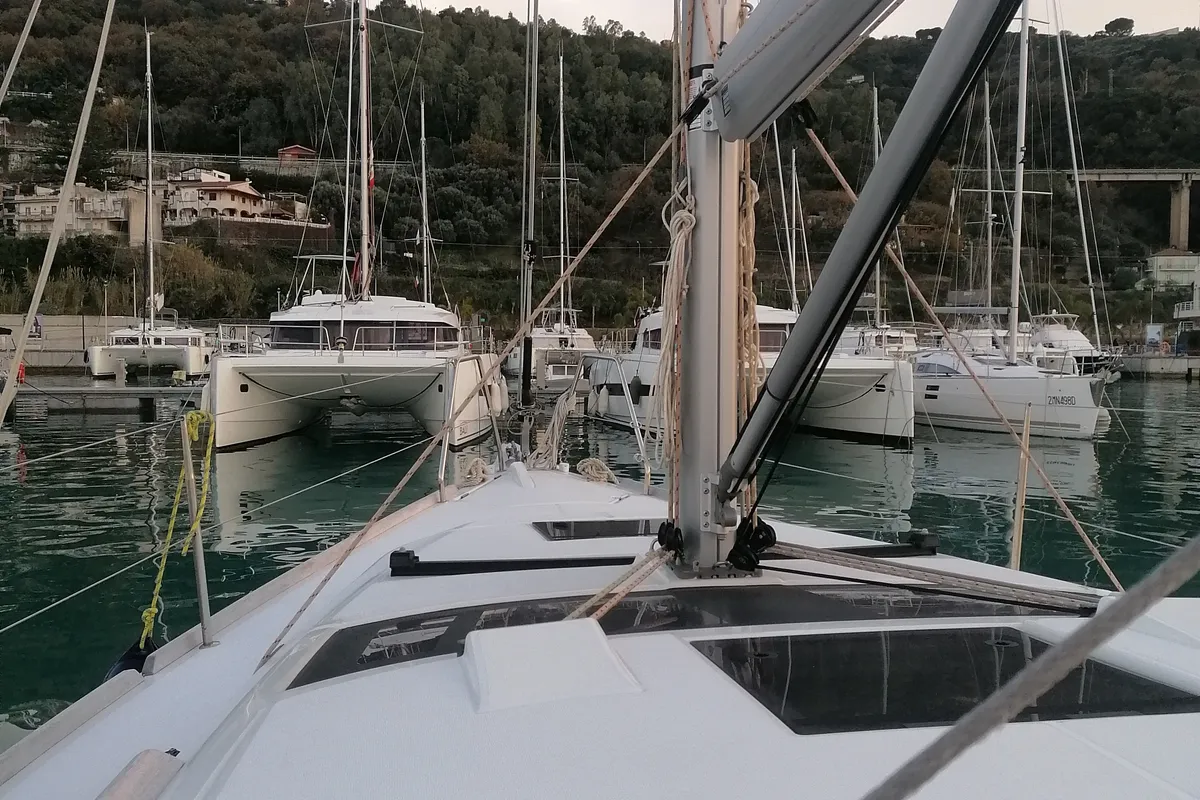 Deck of Biga, a Dufour 360 Grand Large sailboat at Tonnarella, Italy