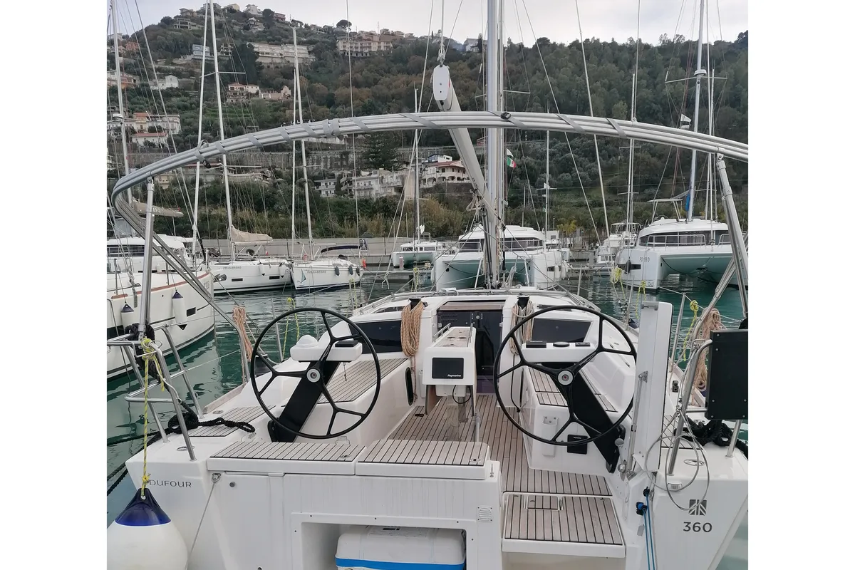Cockpit of Biga, a Dufour 360 Grand Large sailboat at Tonnarella, Italy