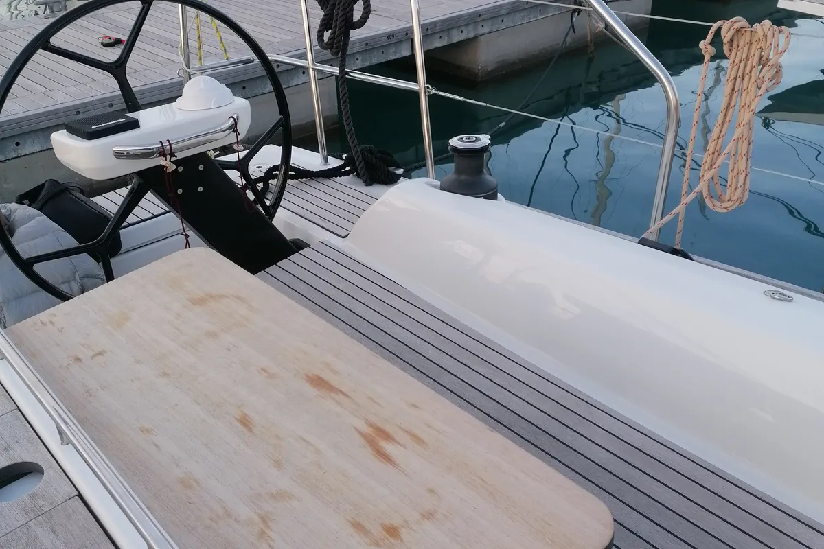 Cockpit of Biga, a Dufour 360 Grand Large sailboat at Tonnarella, Italy