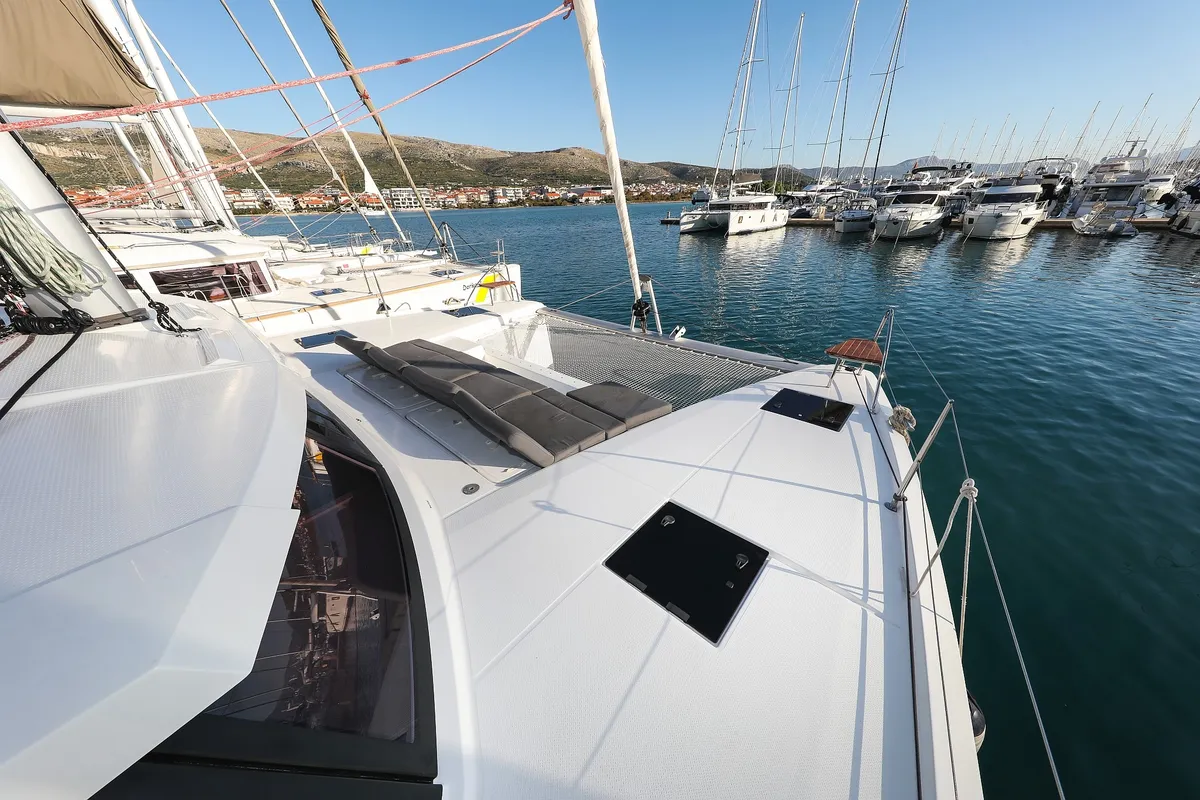 Deck of Macho, a Fountaine Pajot Astrea 42 Quatuor catamaran at Grad Trogir, Croatia