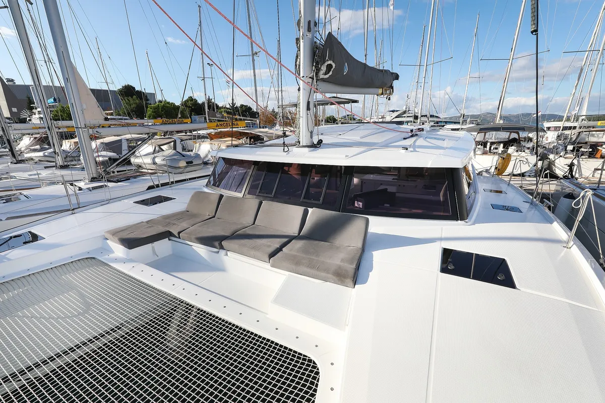 Deck of Macho, a Fountaine Pajot Astrea 42 Quatuor catamaran at Grad Trogir, Croatia