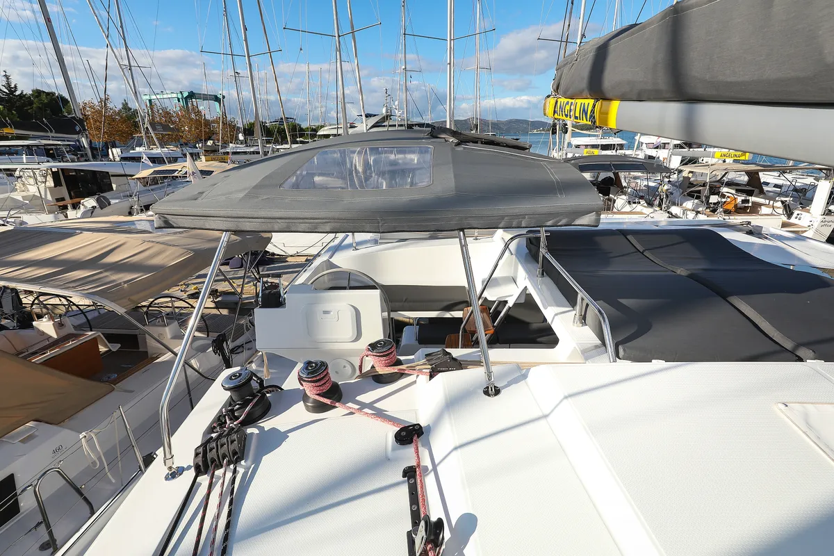 Deck of Macho, a Fountaine Pajot Astrea 42 Quatuor catamaran at Grad Trogir, Croatia