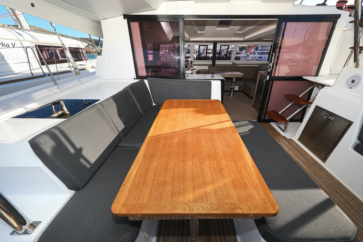 Deck of Macho, a Fountaine Pajot Astrea 42 Quatuor catamaran at Grad Trogir, Croatia