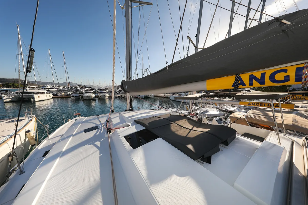 Deck of Macho, a Fountaine Pajot Astrea 42 Quatuor catamaran at Grad Trogir, Croatia